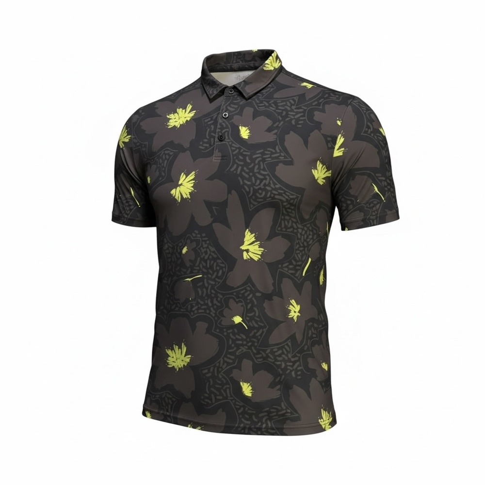 Breakfast Balls Mens 3XL Petal Pala Golf‎ Polo Shirt Floral Charcoal Neon Yellow